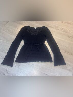 Cache Black Lace-Knit Tie-Waist Scoop Neck Sweater